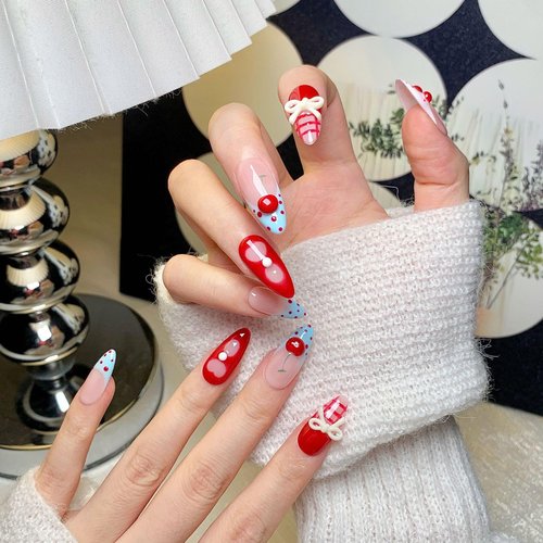 Medium Press on Nails Almond - Handmade Fake Nails with 3D Bow Cherry Design - Red Full Cover Glue on False Nails for Women - (Size M)