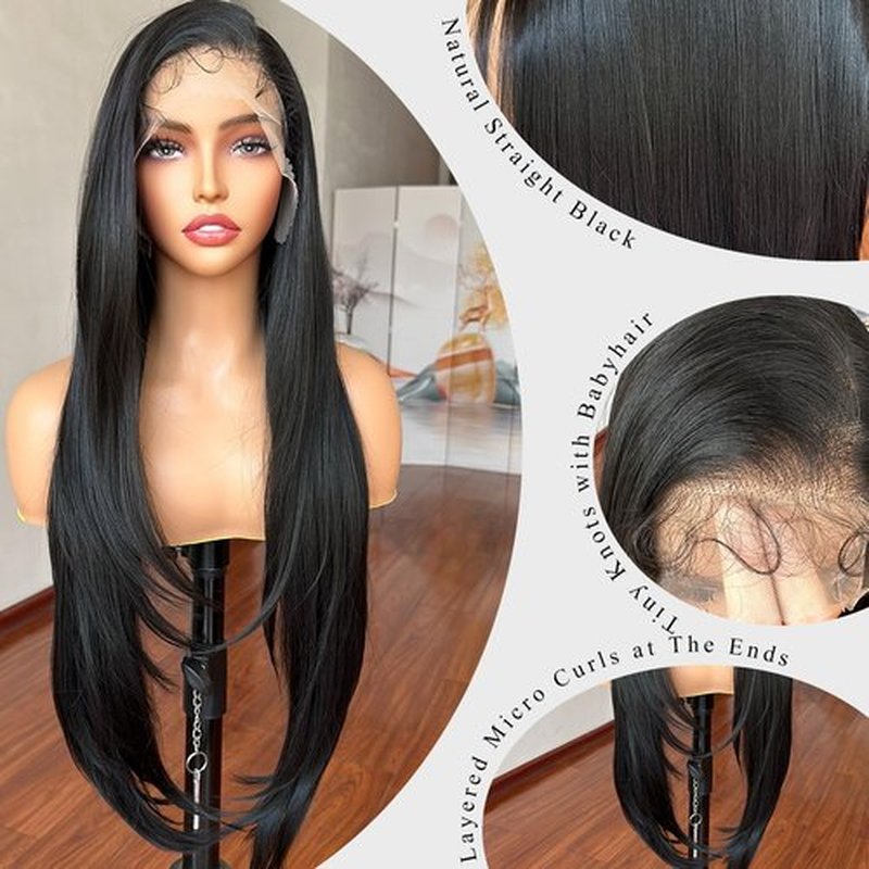 13x6 Lace Front Wigs Black Wig Pre-layered Fashion Style HD Lace Free Part Frontal Wig Natural Density Long Straight with Wavy End Pre Plucked Tiny Knots with Baby Hair 30 Inch Synthetic Lace Wig
