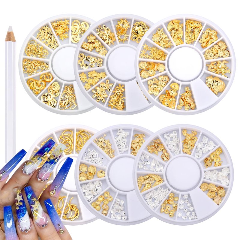 YECIRALA 6 Box Gold And Silver Ocean Nail Charms Nail Art Studs Beach Starfish Sea Seashell Stars Moons Nail Charms Decals Gold Metal 3d Nail Gems Jewelry For Manicure DIY Nail Embellishments