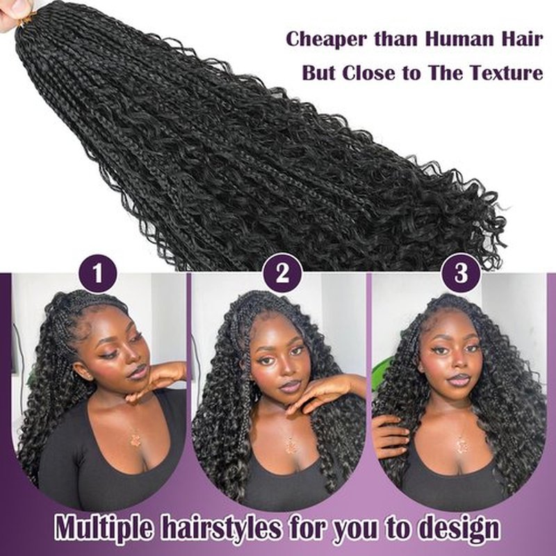 QQPIKHU 10 Packs Boho Crochet Braids Mix Protein Fiber 24 Inch Goddess Box Braids Crochet Hair Pre Looped Bohemian Box Braid with Curly Ends for Women Hair Extensions 1B