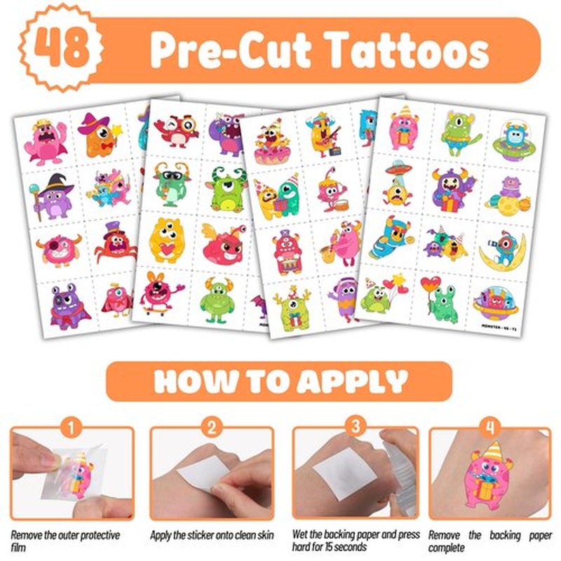 72PCS Monster Party Set - 48PCS Temporary Tattoos & 24PCS Slap Bracelets - Fun Monster-Themed Birthday Supplies, Baby Shower Gifts, Classroom Rewards & Party Decorations for Kids (Boys & Girls)