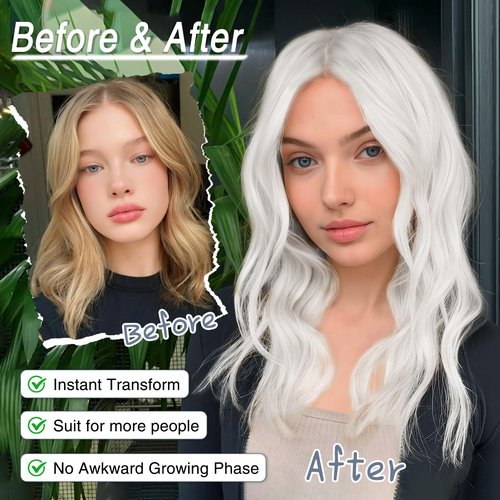 MORICA White Wigs for Women 18 Inch Middle Part Medium Length Short Curly Wavy Wigs,Natural Synthetic Hair Womens Wigs for Daily Party/Halloween Use（18inch，White）