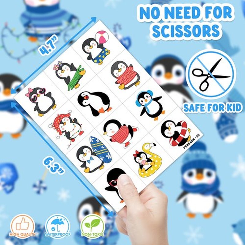 48PCS Penguin Party Favors - 24PCS Penguin Temporary Tattoos & 24PCS Penguin Stick Hands - Perfect Birthday Favors, Goodie Bag Stuffers, Treasure Box Toys, Classroom Prizes, and Student Gifts