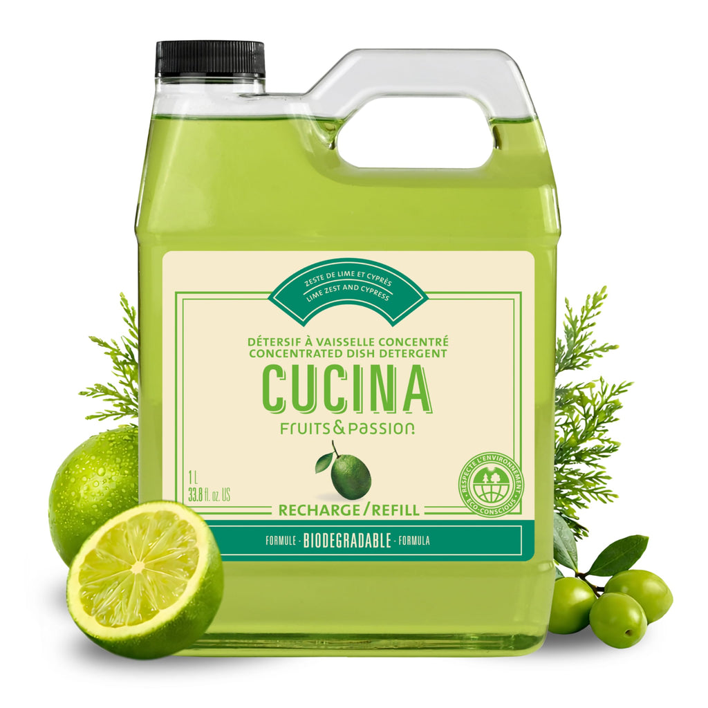 Fruits & Passion Cucina Concentrated Dish Soap Refill, Lime Zest & Cypress, Gentle Liquid Dishwashing Detergent with Olive Oil, Vegan & Biodegradable Formula, 1 Liter (33.8 fl oz)
