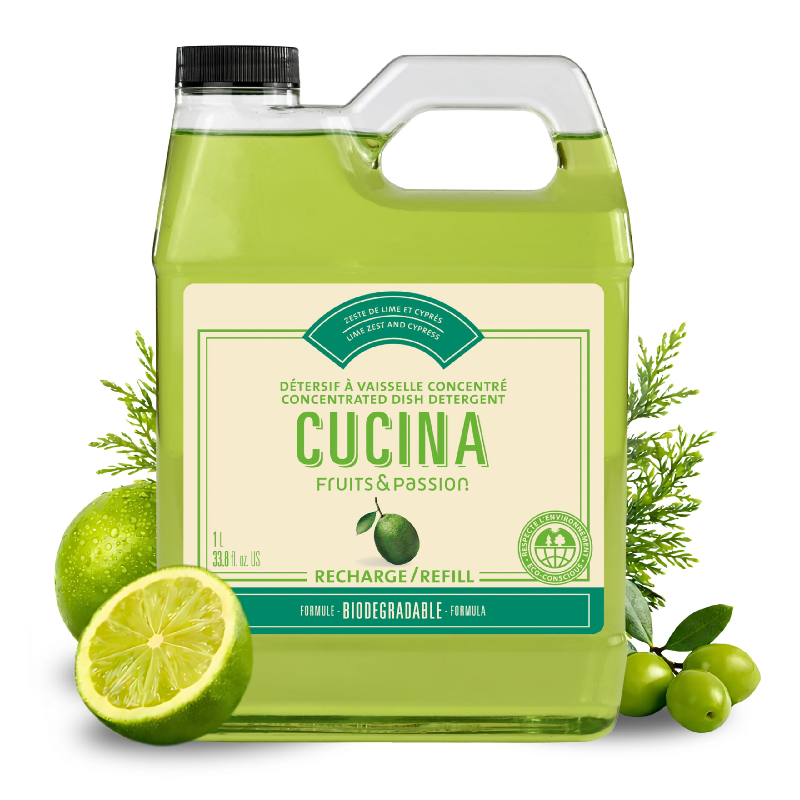 Fruits & Passion Cucina Concentrated Dish Soap Refill, Lime Zest & Cypress, Gentle Liquid Dishwashing Detergent with Olive Oil, Vegan & Biodegradable Formula, 1 Liter (33.8 fl oz)