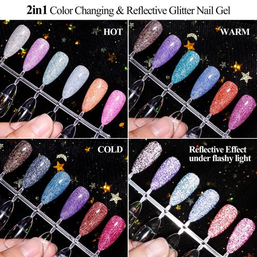 MSRUIOO Color Changing Reflective Gel Nail Polish, Temperature Color Change Glitter Gel Polish, Diamond Glitter Silver Pink Purple