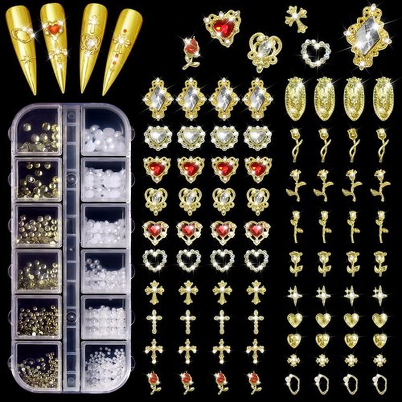 Allstarry Gold Nail Charms, Gold Charms for Nails 3D Charm and Gems Y2K with Flatback Rhinestones Pearls Chunky Bulk Jewels Gold Cross Star Rose Heart Virgin Mary Nail Accessories