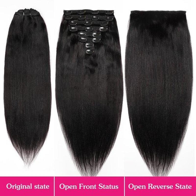 20inch Light Yaki Straight Clip ins, 120G Full Head Real 100% Human Hair Clips for Women Seamless Yaki Clip in Hair Extensions for Thin Hair Natural Black 8Pcs Hair Pieces with Secure Clips