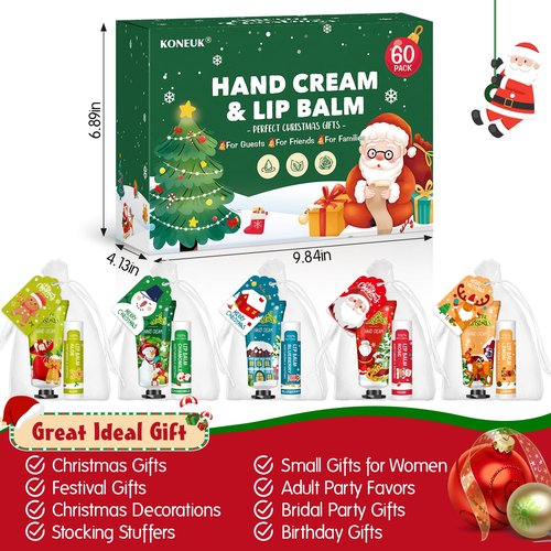 KONEUK 60 Pack Christmas Hand Cream and Lip Balm Set, Stocking Stuffers for Women, Bulk Hand Lotion for Christmas Gifts, Christmas Party Favors, Party Supplies and Christmas Decorations