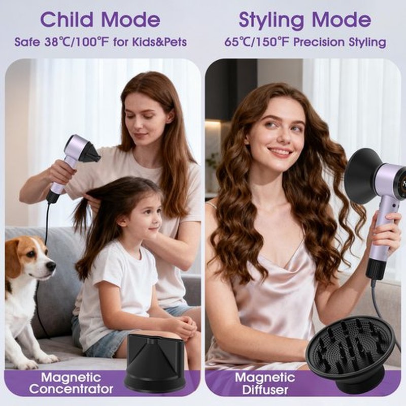 Ionic Hair Dryer with Auto-Adjusting Sensor,AI Hair Dryer with Magnetic Diffuser,160000 RPM High-Speed Hair Blow Dryer for Fast Drying,Compact Blow Dryer with 500M Plasma,Blow Dryer for Women(Purple)