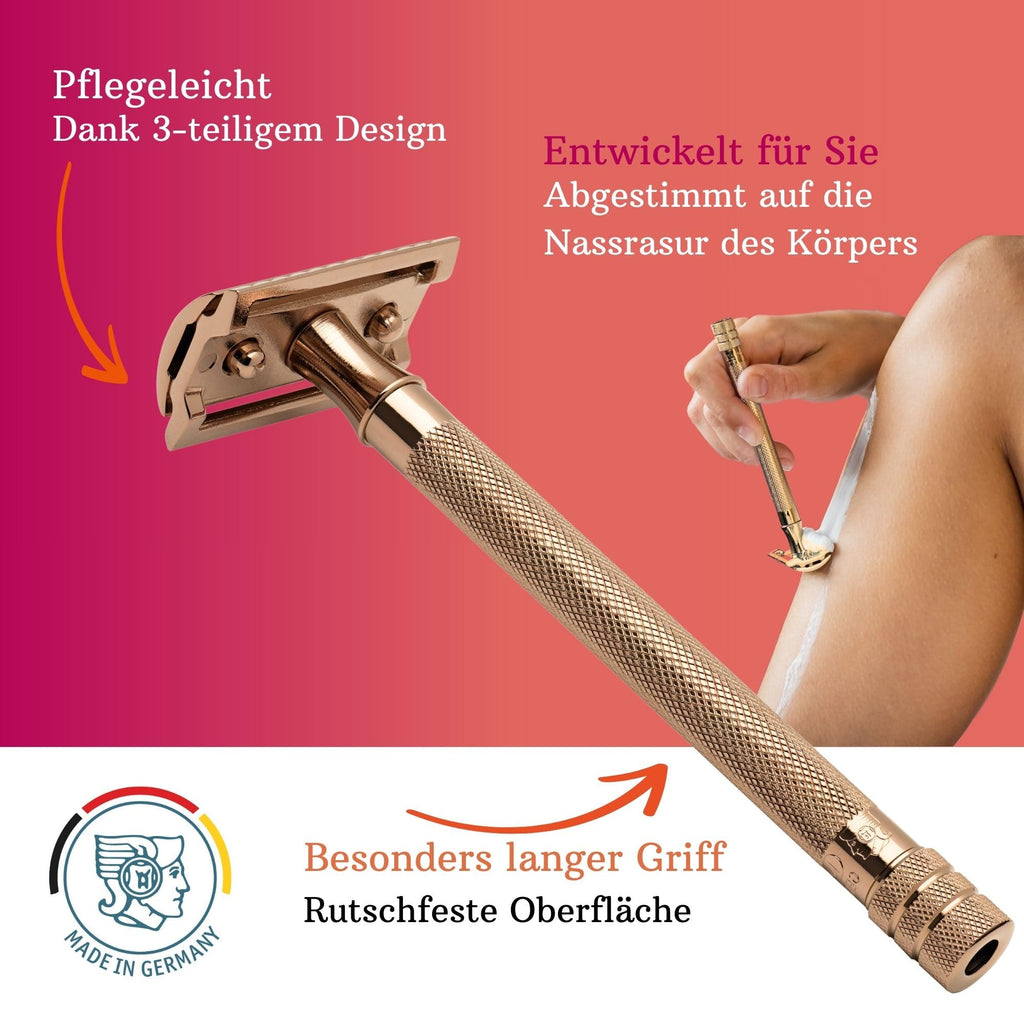 MERKUR 24G Safety Razor For Women with 10 Double Edge Blades | Extra Long Handle | Three-piece Razor | Straight Cut | Rose Gold Finish | Made in Germany