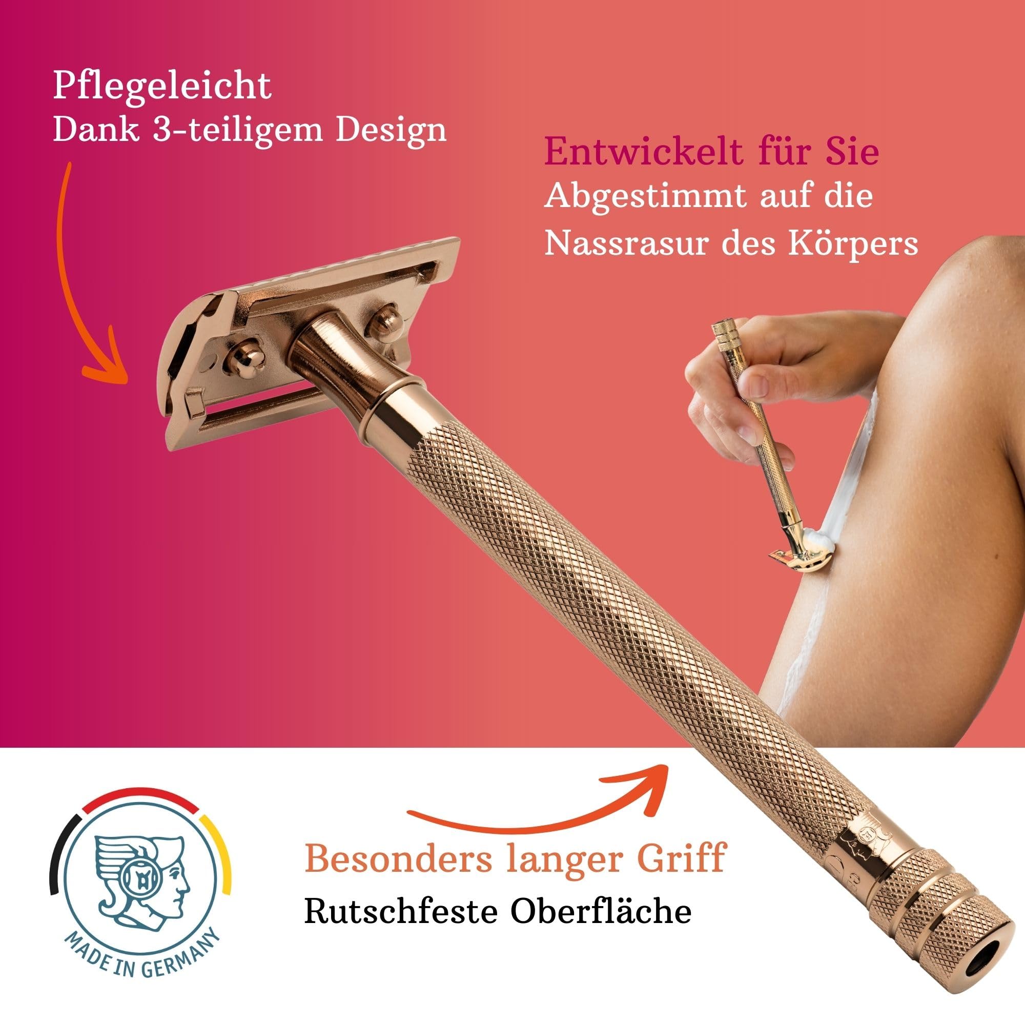 MERKUR 24G Safety Razor For Women with 10 Double Edge Blades | Extra Long Handle | Three-piece Razor | Straight Cut | Rose Gold Finish | Made in Germany