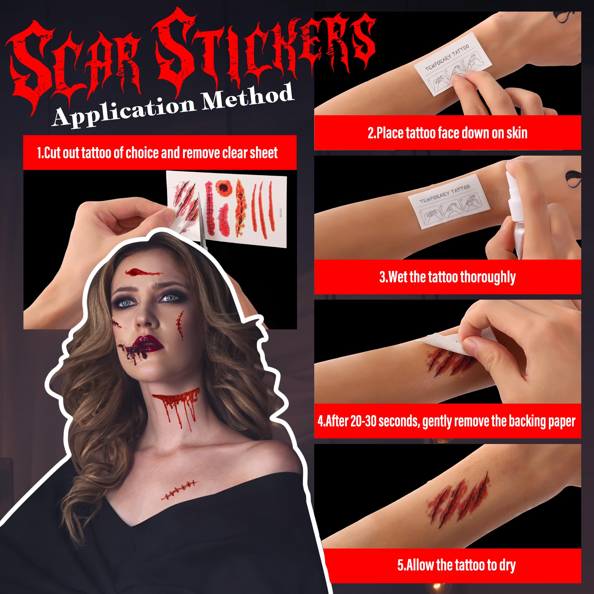 Vaneria Halloween Fake Blood Makeup Kit,Realistic Washable SFX Makeup with 50ml Blood Splatter, 50ml Sticky Blood, Sponge,4 Fake Scars & 4 Fluorescent Tattoo Stickers for Zombie, Vampire Cosplay