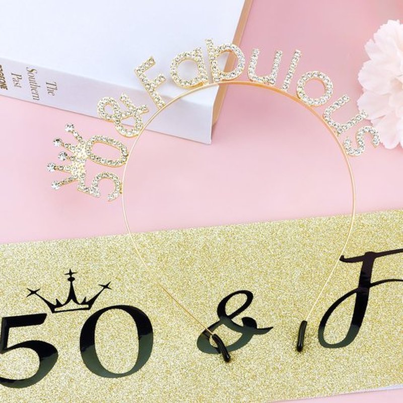 Atoden 50 & Fabulous Headband Sash Gold 50th Tiara 50th Decorations Gifts for Women