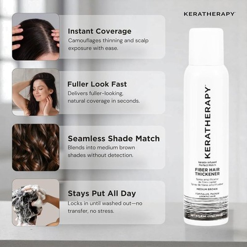 Keratherapy Keratin Infused Fiber Hair Thickener Spray - Medium Brown, 4 fl. oz. | Volumizing & Concealing Solution for Thinning Hair
