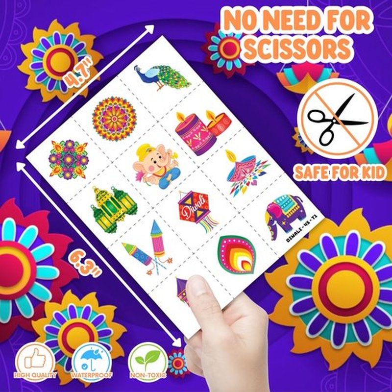 Cherisnowy 72PCS Diwali Party Set - 48PCS Temporary Tattoos & 24PCS Slap Bracelets - Festival Happy Indian -Themed Birthday Supplies, Baby Shower Gifts, Classroom Rewards & Party Decor for Kids