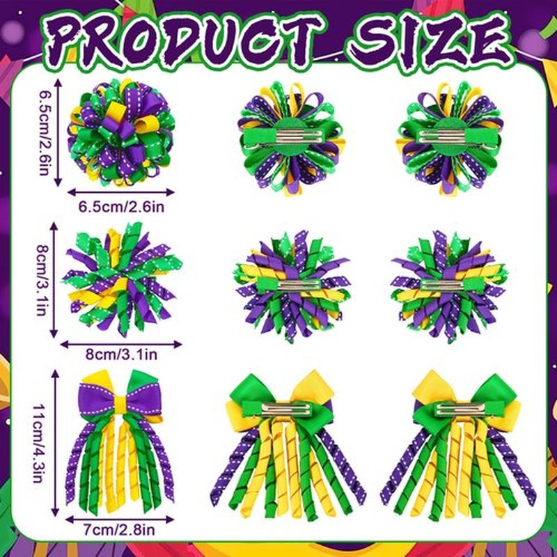JUNEBRUSHS Mardi Gras Hair Bows Clips for Girls, Curly Bows with Alligator Clips, Purple Yellow Green Ribbon Hair Clip, Mardi Gras Accessories Favor Gifts for Girls