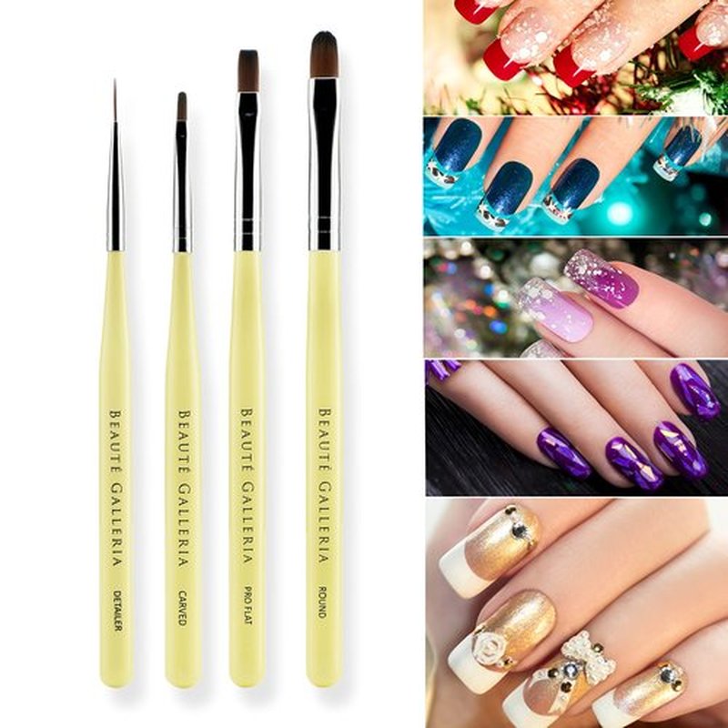 Beaute Galleria 4-Piece UV Gel Nail Art Brush Set - Pro Flat, Carved, Detailer, Round for Fine Line, Detailer, Outline, Striping, Polygel Nails, Gel Sculpting, Nail Tips
