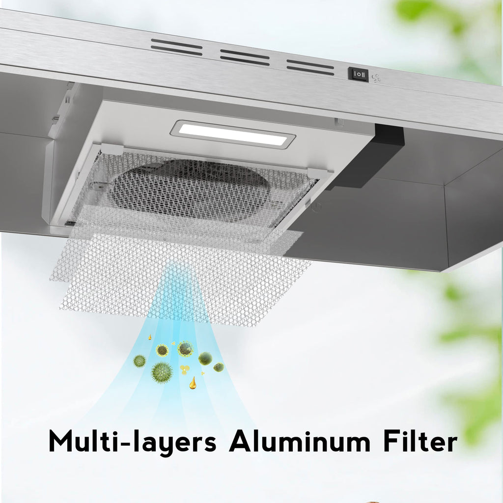 FIREGAS Under Cabinet Range Hood 30 inch, 300 CFM Ducted/Ductless Convertible, 2-Speed Exhaust Fan with LED Light & Rocker Control, Stainless Steel Kitchen Vent Hood