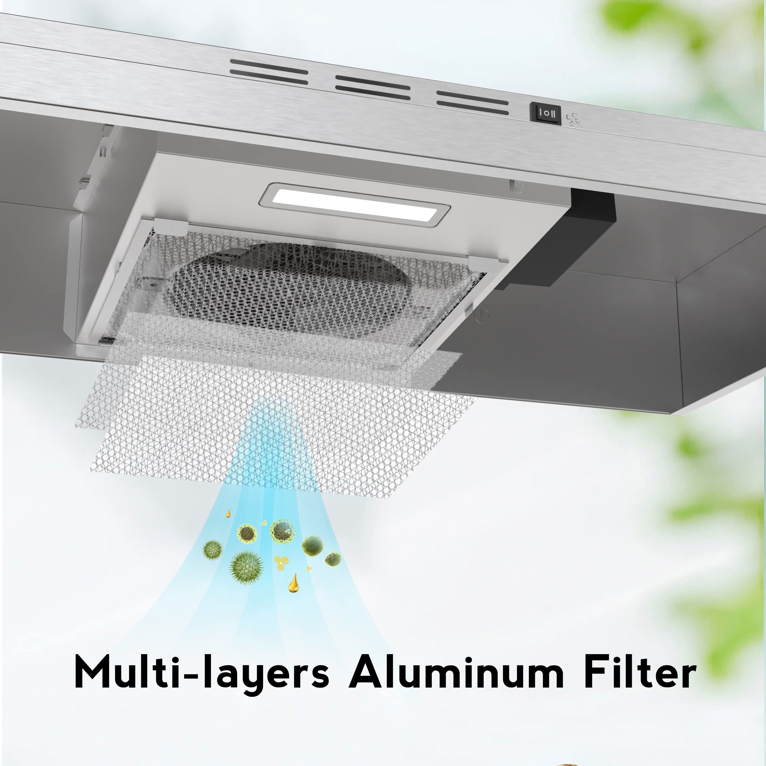 FIREGAS Under Cabinet Range Hood 30 inch, 300 CFM Ducted/Ductless Convertible, 2-Speed Exhaust Fan with LED Light & Rocker Control, Stainless Steel Kitchen Vent Hood