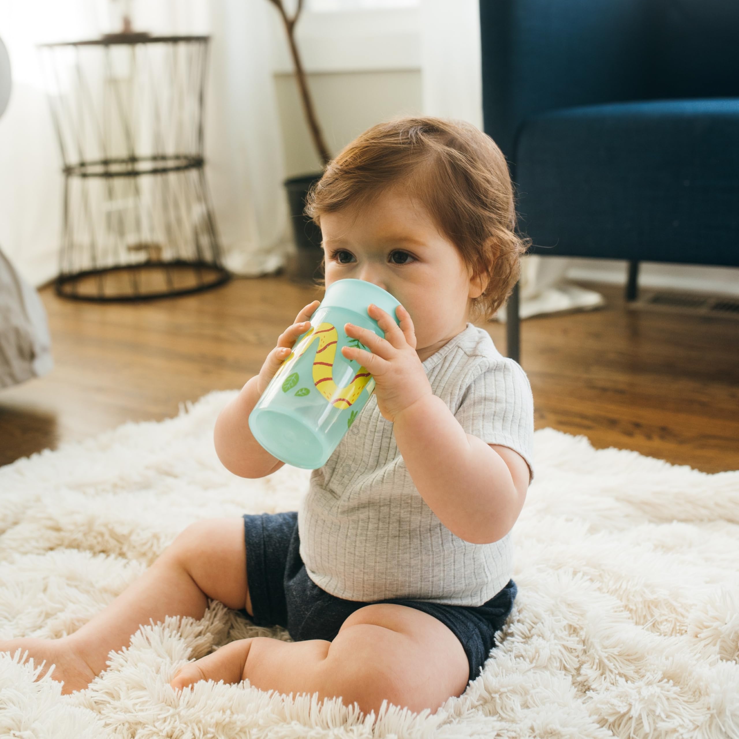 Dr. Brown's Milestones Cheers 360 Spoutless Transition Cup, Travel Friendly and Leak-Free Sippy, Blue/Green Animals, 10 oz/300 mL, BPA-Free, 9m+, 2-Pack