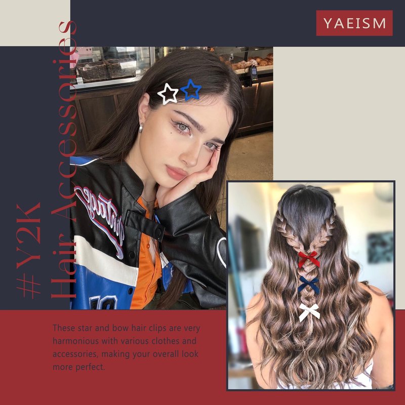 YAEISM 24PCS Star Hair Clips 3 Colors Bow Hair Clips Satin Small Hair Bows Metal Snap Star Clips Y2K Coquette Barrettes American Flag Clips Hair Accessories for Women