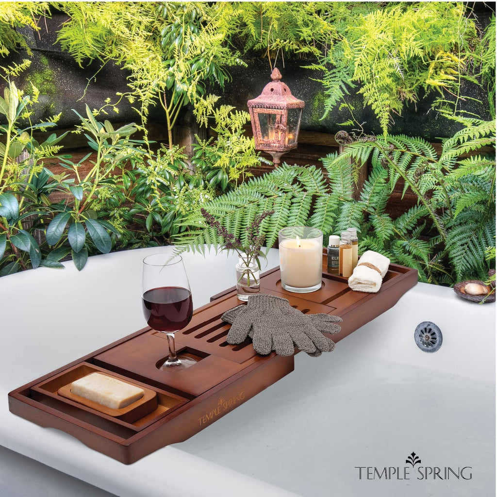 Temple Spring Bamboo Bathtub Tray Caddy for Tub — Expandable Wood Bath Tray with Solid Book Stand Wine Holder and Non-Slip Pads — Includes Bamboo Soap Dish and Spa Accessories — Luxury Bath Gift Set