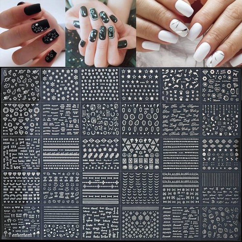 90 Sheets Silver Nail Art Stickers Holographic Laser Silver Nail Decals 3D Self Adhesive Nail Stickers for Nail Art Designs Star Line Flower Nails Supplies for Women Nail Decoration with Nail Tweezer