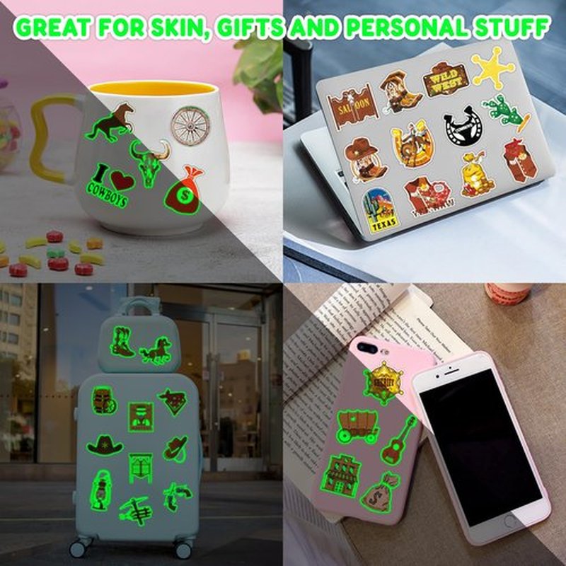 96 PCS Western Cowboy Pre-Cut Luminous Glow in the dark Temporary Tattoos for Kids First Themed Birthday Party Supplies Favors Decorations 8 Sheets Super Cute Fake Tattoo Stickers Gifts for Boys Girls