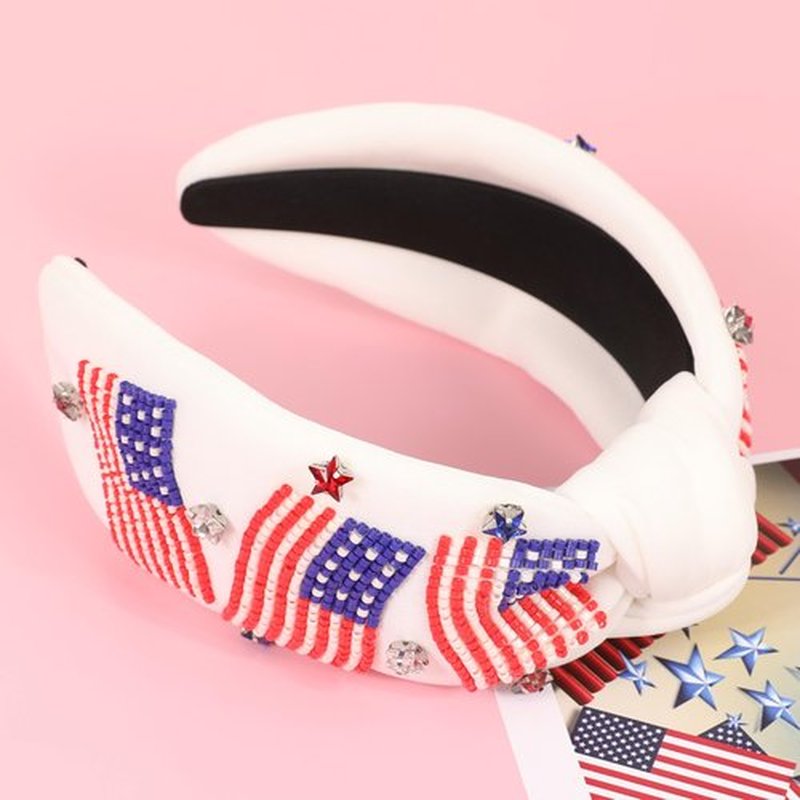 Gmmidea American Flag Knotted Headband 4th of July USA Flag Accessories Beaded Rhinestone Star Headband 4th of July Outfits for Women Girls Sparkle Patriotic Party Favors