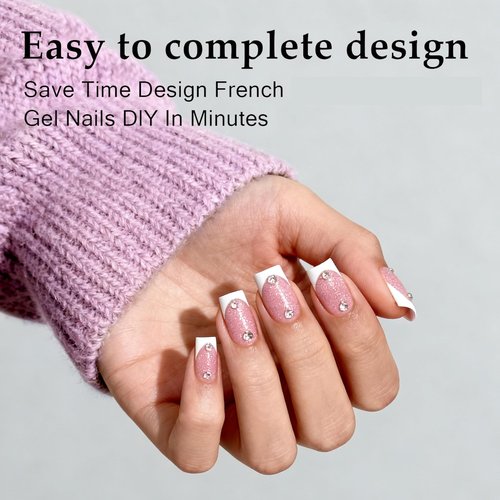 Dsixnails Short Pink Glitter Base Soft Gel Nail Tips, 150Pcs Square French Tip Press On Nails, Pre-Lasting Acrylic Fake Nails, Soak Off Full Cover Nails Extension for Women Girl 15Sizes
