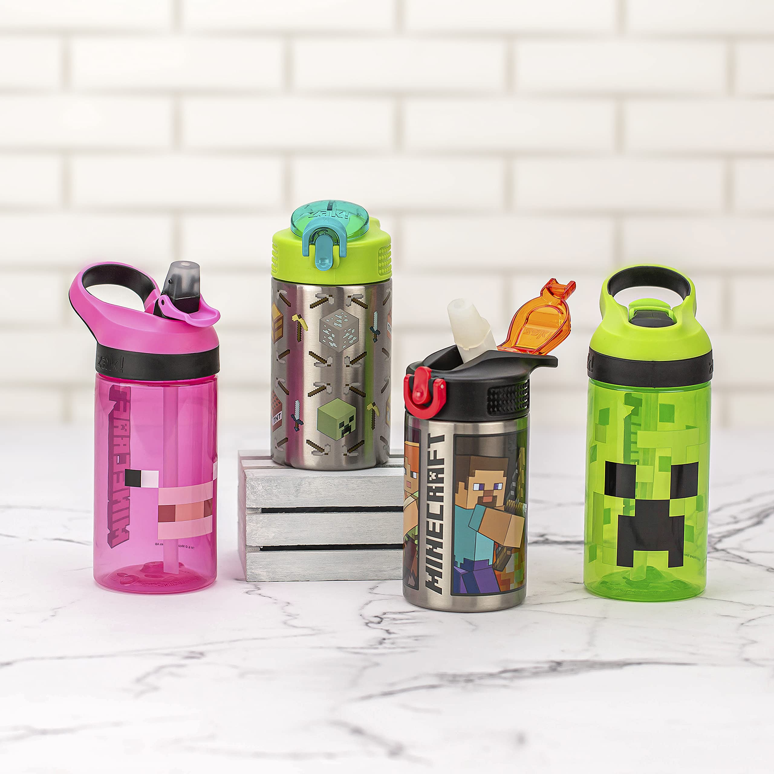Zak Designs Atlantic Kids Water Bottle For School or Travel, 16oz Durable Plastic Water Bottle With Straw, Handle, and Leak-Proof, Pop-Up Spout Cover, 2-Pack (Zaksaurus and Safari)