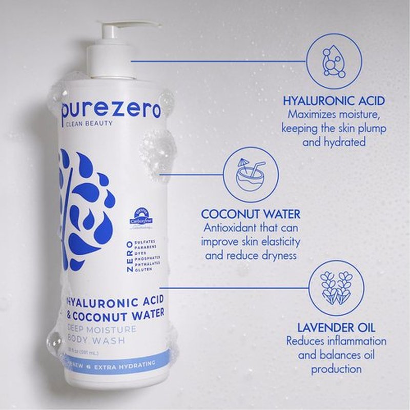 Purezero Hyaluronic Body Wash Deep Moisturizer - Soft Skin Hydration - Moisturizing Skin Cleanser + Coconut Water - No Sulfates, Parabens, Dyes (1 Pack)