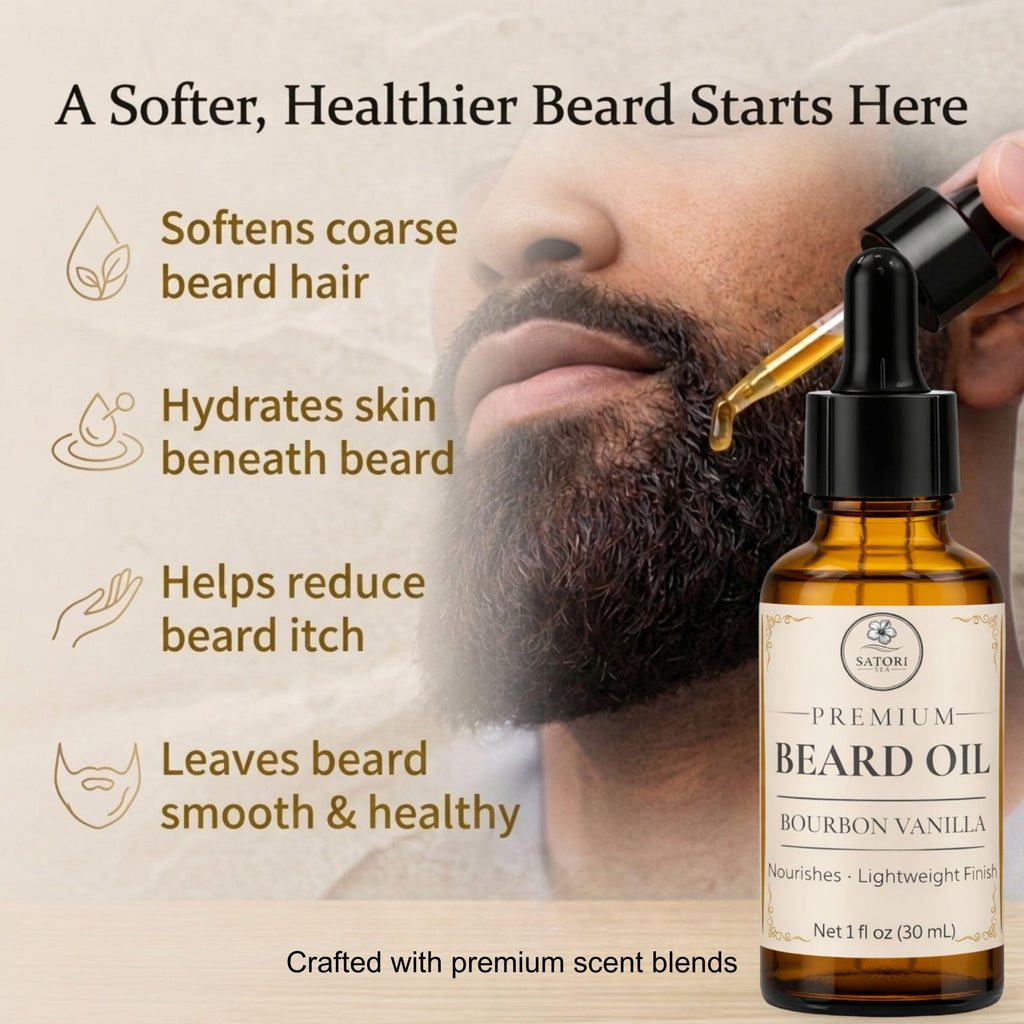 Satori Sea Beard Oil Variety Pack for Men - 3 Pack (Bourbon Vanilla, Mahogany Tonka Bean, Bergamot Sage) - Premium Beard Oil for Men - Moisturizing & Conditioning Beard Care -1 oz Bottles