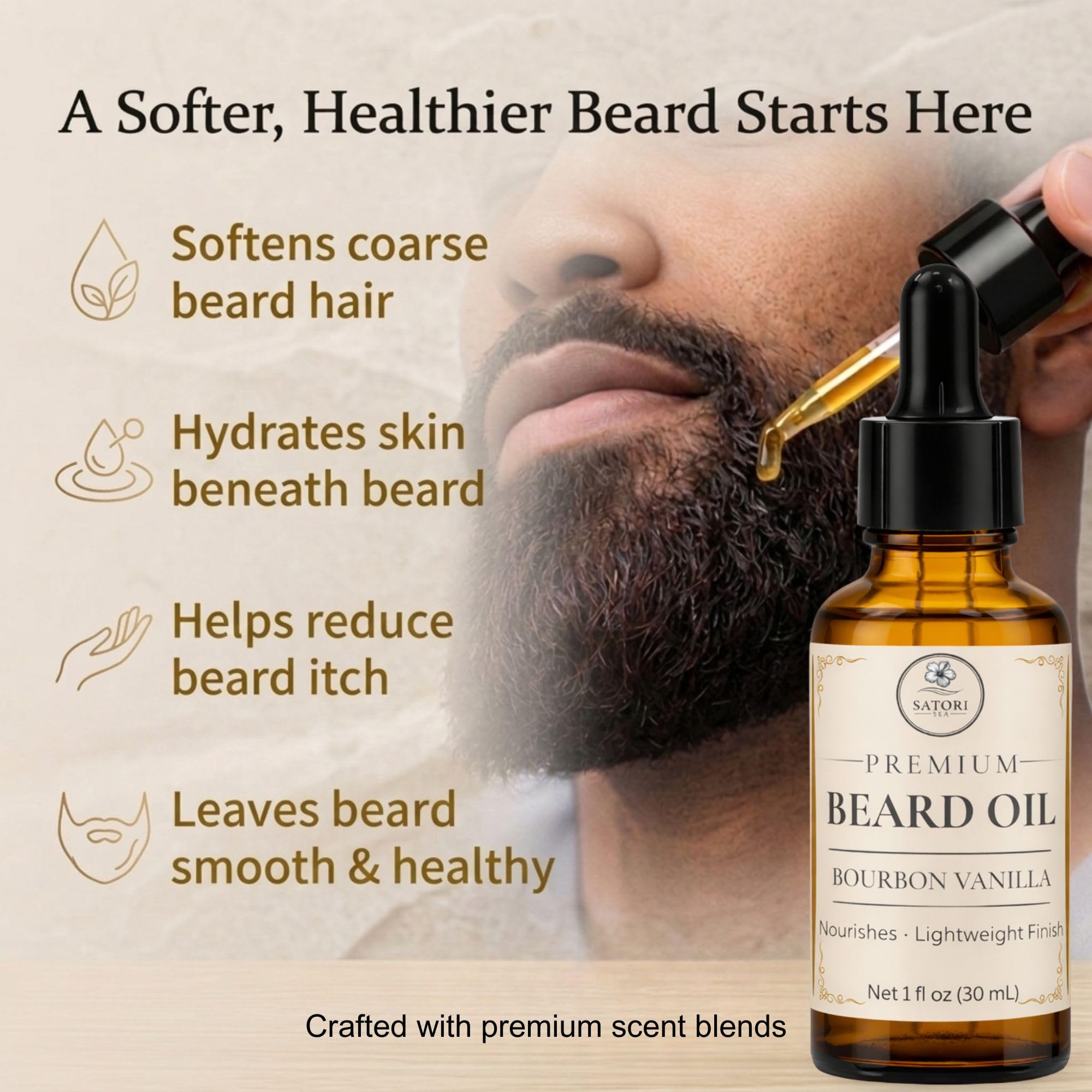 Satori Sea Beard Oil Variety Pack for Men - 3 Pack (Bourbon Vanilla, Mahogany Tonka Bean, Bergamot Sage) - Premium Beard Oil for Men - Moisturizing & Conditioning Beard Care -1 oz Bottles