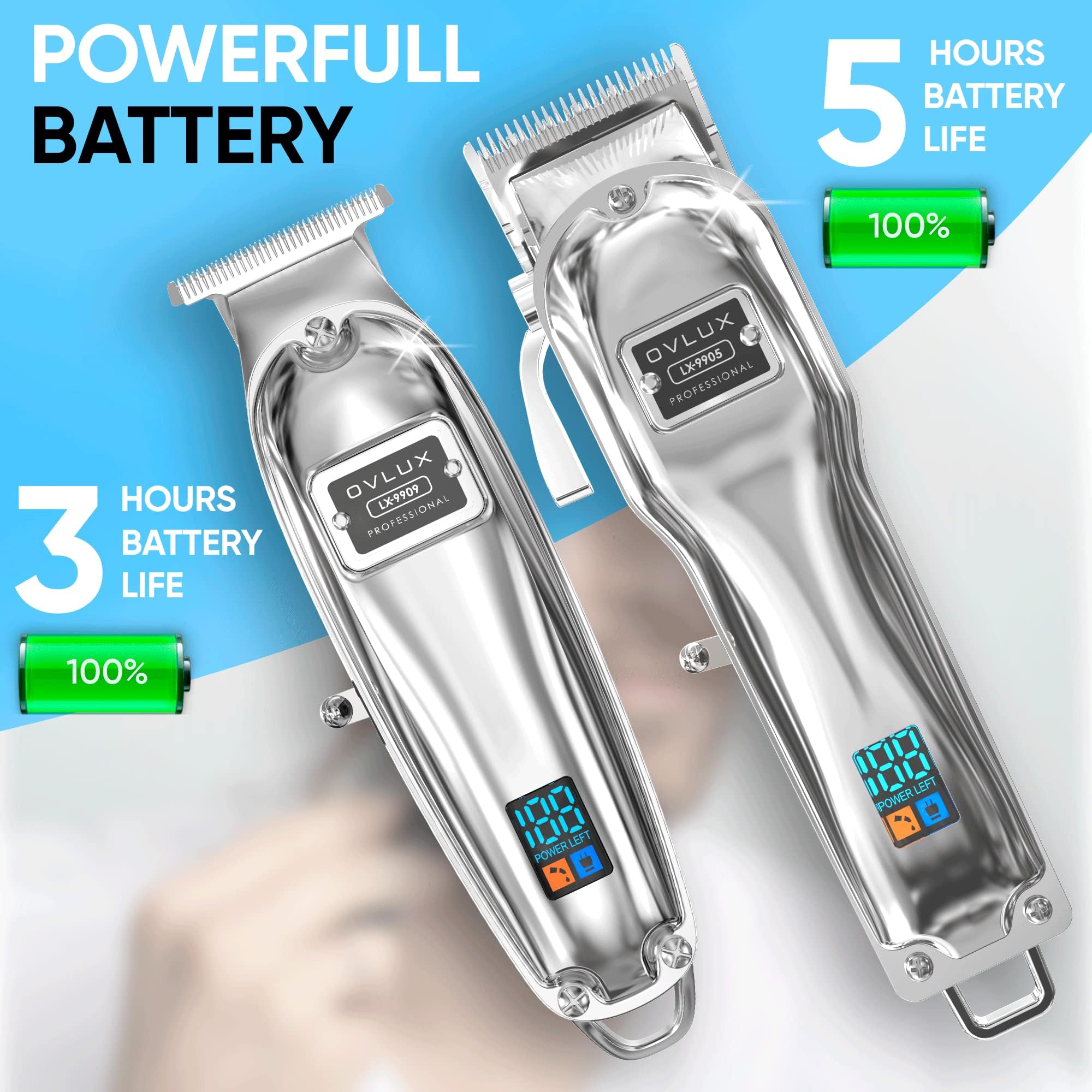 OVLUX Professional Cordless Hair Clippers for Men, Rechargeable Full Metal Beard Trimmer, Barbers Trimmer, Ideal Gift for Men, Dad - Silver. (Clipper & Trimmer Set)