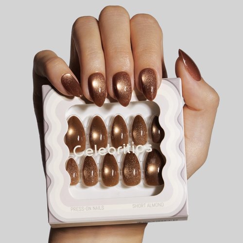 Celebritips Nail Art Press-Ons | Cinnamon Powder, Short Almond Nails, Reusable, Salon Quality Fall Nails | 16 sizes - 32 Nails Kit with Super-hold Nail Glue and Sticky Tabs
