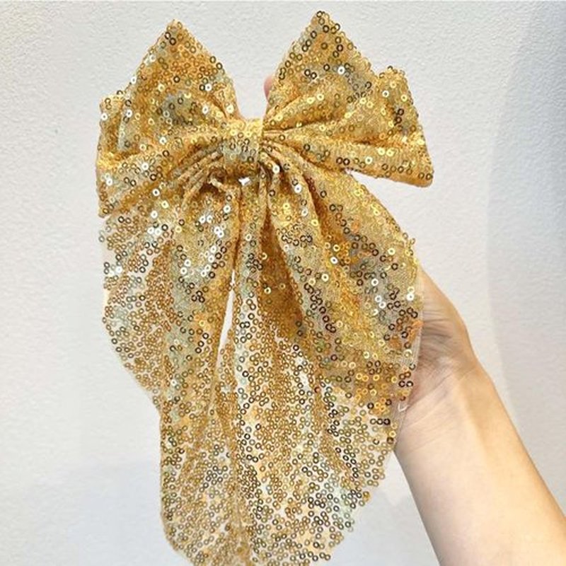 Sparkly Sequin Hair Bows for Women Girls Gold Glitter Hair Bows with Long Tail Large Hair Barrettes Hair Clips Bling Hair Accessories for Christmas Holiday Birthday Party