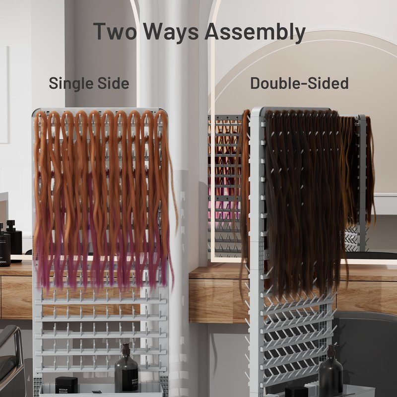 Yumkfoi 2-sided 280 Pegs Braiding Rack, Adjustable Hair Racks with Tray and 17 Braiding Tools, Braid Rack for Braiders, Hair Separator with Wheels (Grey)