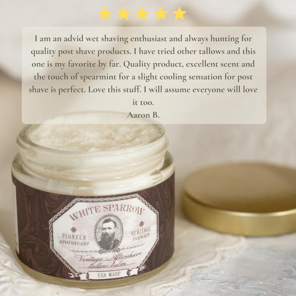White Sparrow Farmacy Men’s Tallow Balm – Vintage Aftershave Scent – Natural Moisturizer for Sensitive Skin, Razor Burn & Dryness – Grass Fed Beef Tallow Face & Beard Balm – Made in USA
