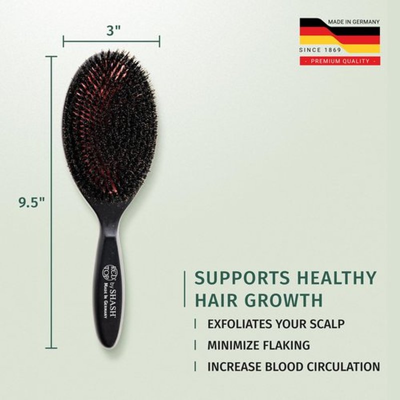 SHASH 100% First Cut Boar Bristle Hair Brush, Suitable For FINE TO THIN HAIR TYPES ONLY - Naturally Conditions Hair, Improves Texture, Exfoliates, Stimulates, Made in Germany (Black, Large)