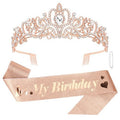 CURASA Rose Gold Birthday Crown and Sash for Women Girls Princess Birthday Tiaras Sashes for Parties and Celebrations