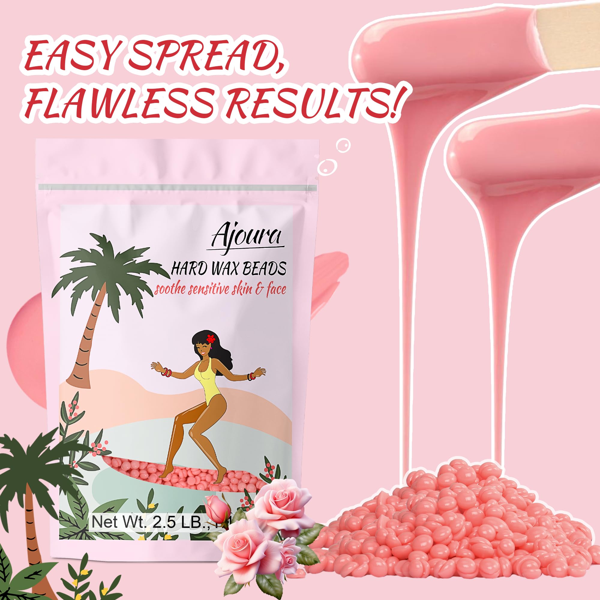 Ajoura 2.5LB Wax Beads for Hair Removal, Rose Hard Wax for Coarse Hair, Perfect for Brazilian, Bikini, Eyebrow, Legs, Facial, and Full Body Waxing, At-Home Wax Refill for Women and Men