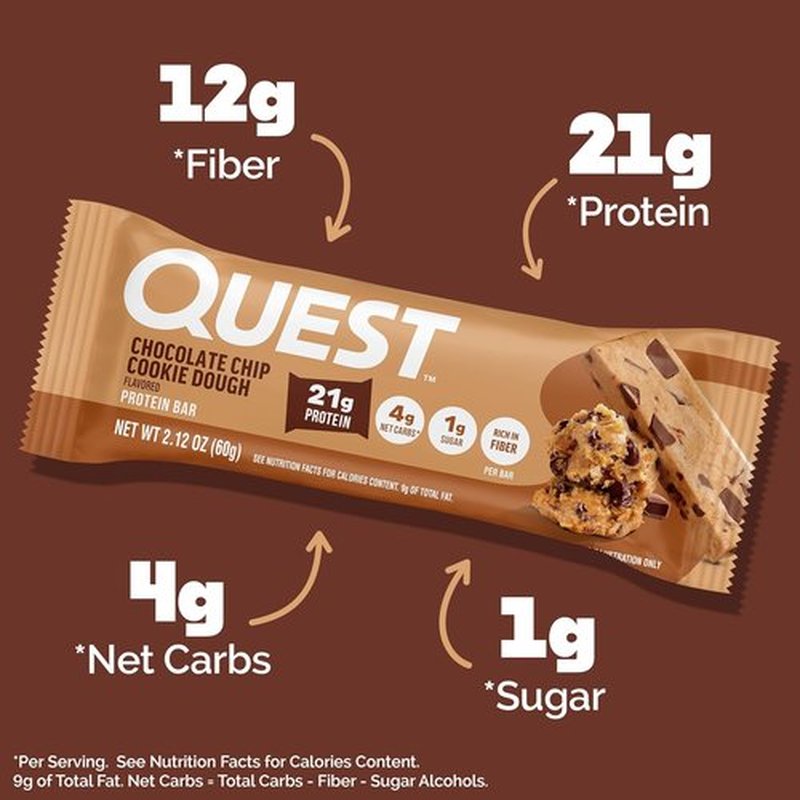 Quest Nutrition Protein Bars - Chocolate Chip Cookie Dough Flavor | High Protein, Low Carb, Keto Friendly | 12 Count