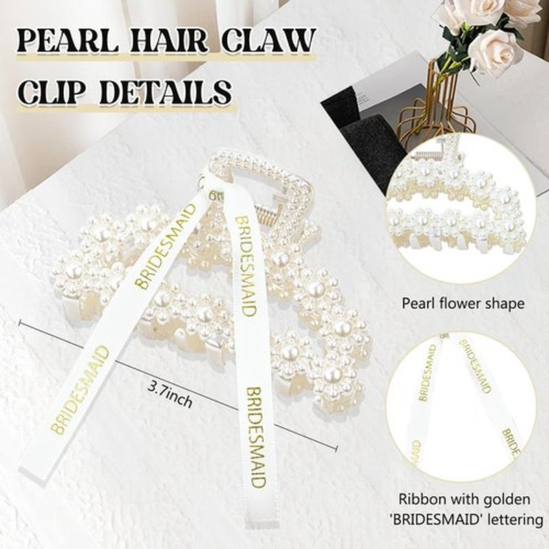 Pearl Bridesmaid Hair Claw Clips 3.7 Inch With Ribbon and 1Pack Acrylic Bride Claw Hair Clip With Rhinestone Bride Logo Set,Bachelorette Bridal Party Favors Present Bridesmaid Proposal Gifts