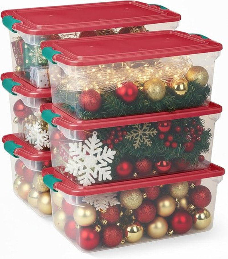 HOMZ 6-Pack Holiday Tote | Clear/Red Plastic Storage Bins with Lids - 64 Quart Stackable Organizers