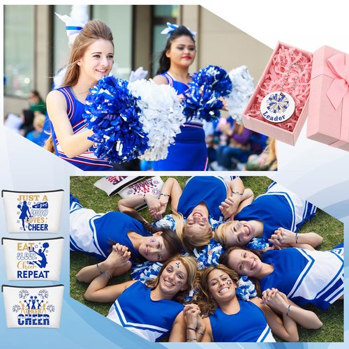 Lyrow 160 Pcs Cheerleader Gifts Bulk for Team Back to School Gift Cheer Scrunchies Hair Ties Makeup Bag Cheer Mirror Bracelet Keychain Sticker for Cheerleader Gift(Blue)