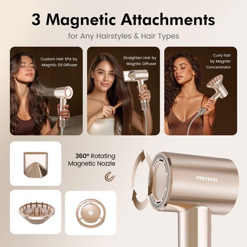 PRITECH High-Speed Ionic Hair Dryer with Diffuser,200M Negative Ions with Hair Oil-Infused Blowout Gilded Pro Blow Dryer,1500W Brushless Motor 5X Fast Dry,Low Noise, Lightweight for Travel Home Salon