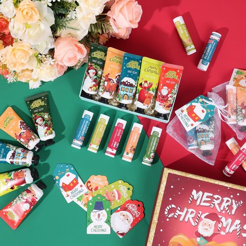 KONEUK 60 Pack Christmas Hand Cream and Lip Balm Set, Stocking Stuffers for Women, Bulk Hand Lotion for Christmas Gifts, Christmas Party Favors, Party Supplies and Christmas Decorations