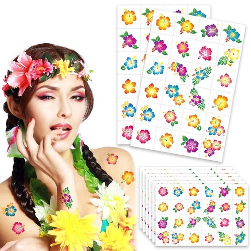 Nosiny 240 Pcs Hibiscus Glitter Tattoos Hawaiian Temporary Tattoos Flower Luau Stickers Summer Decal Stickers Tropical for Women Men Body Face Hawaiian Themed Party